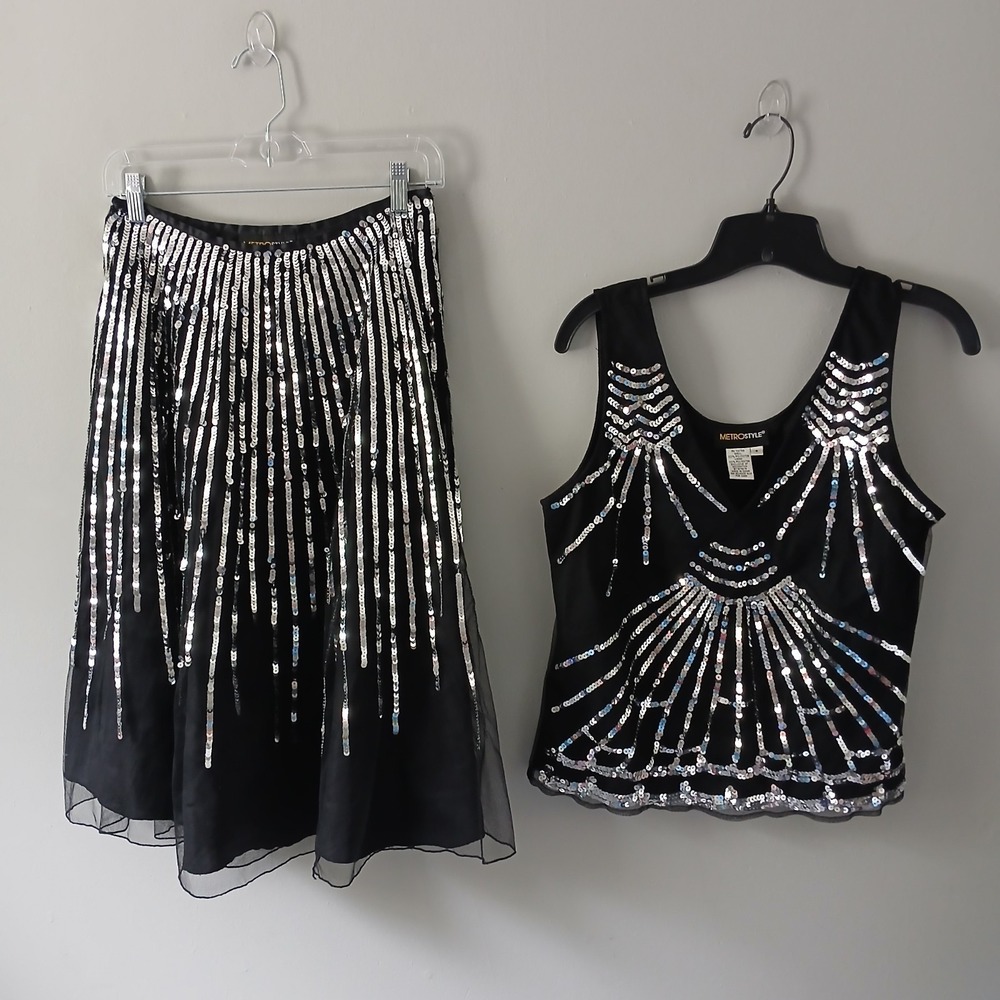 Metrostyle Women's Size 8 Vintage 1990's Sequined‎ Two-Piece Skirt Set Black